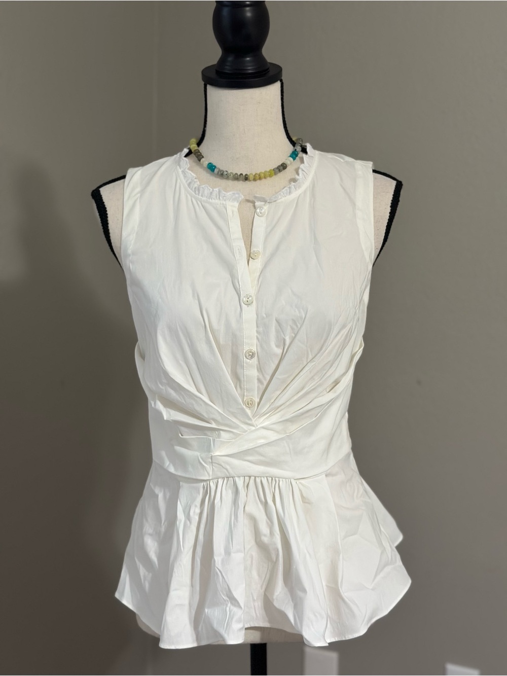 Rebecca Taylor Milk White Sleeveless Poplin Wrap Peplum Button-Front Top